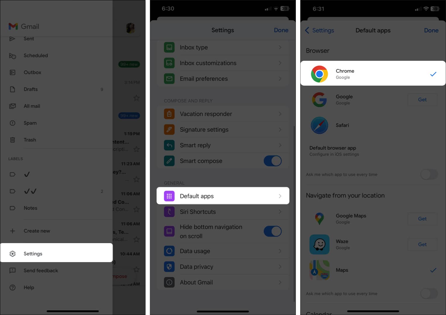 Setting Chrome as the default browser for the Gmail app on an iPhone