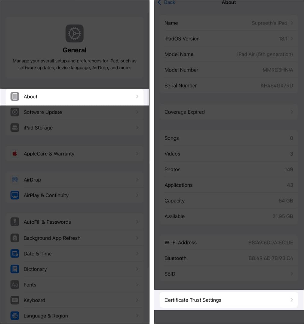 Accessing Certificate Trust Settings option in iPhone Settings app