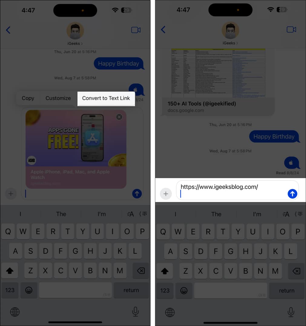 Tap on Convert to text to remove preview card