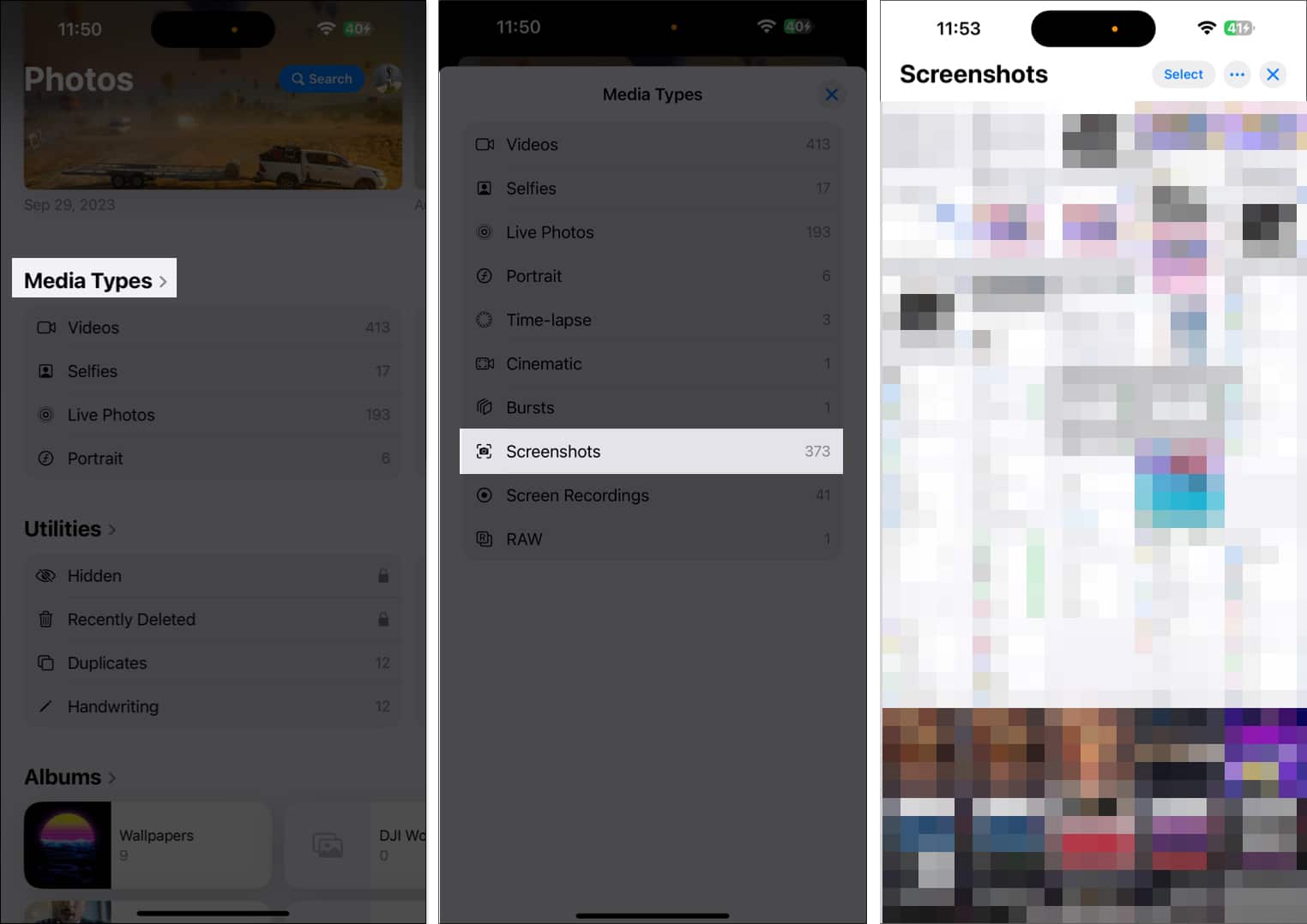 Finding screenshots under the Media Types collection in the Photos app on an iPhone