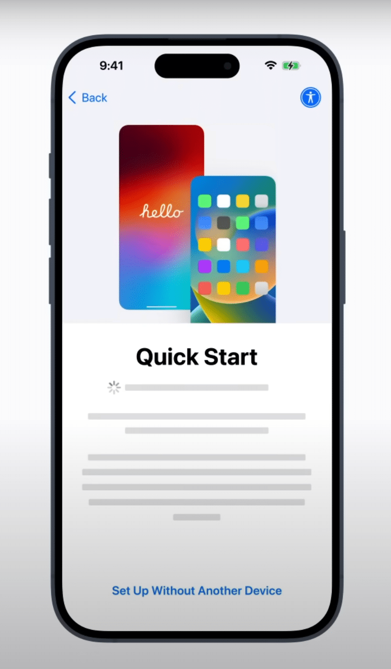 Set Up Without Another Device option on the Quick Start screen on an iPhone during initial setup