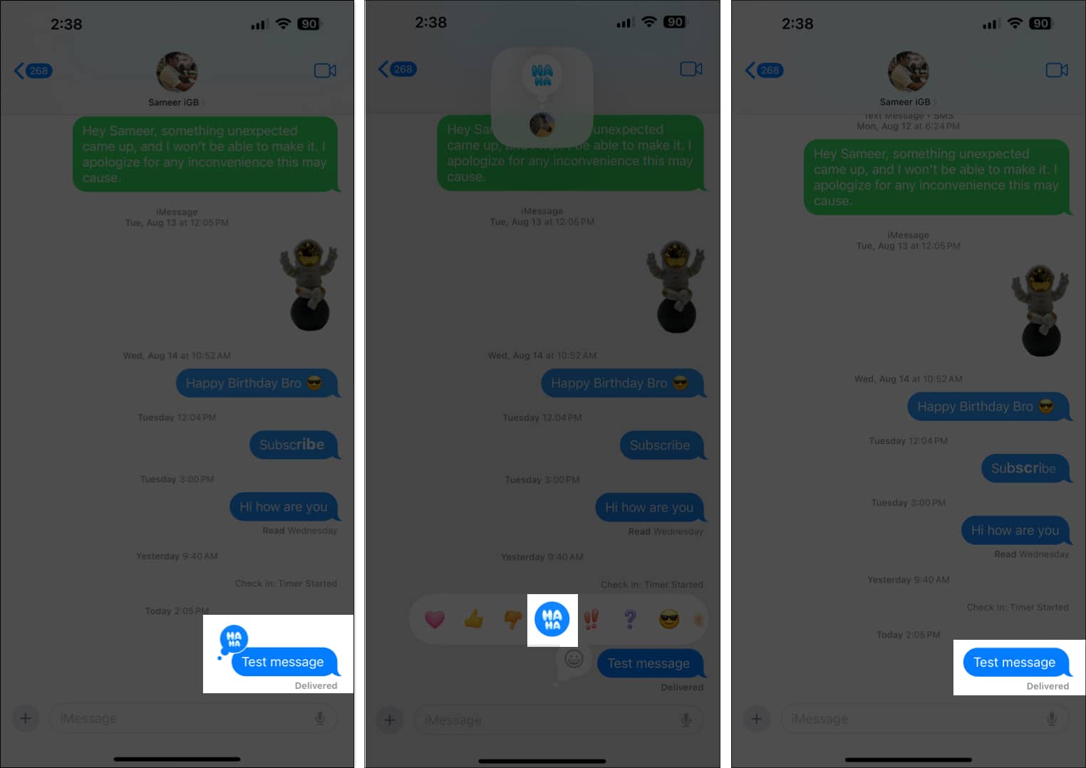 Removing a Tapback emoji from a message in the Messages app on an iPhone