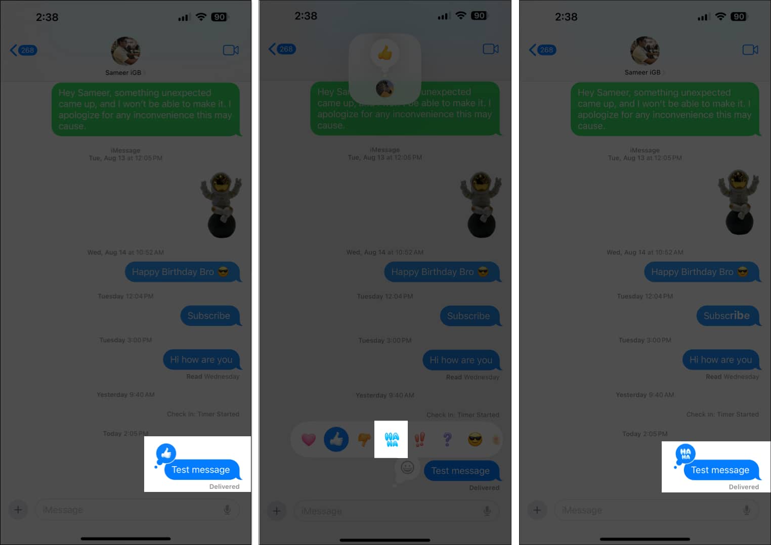 Editing the emoji reaction for a message in iPhone Messages app