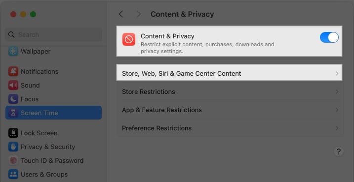 Toggling on Content and Privacy option in Mac System Settings