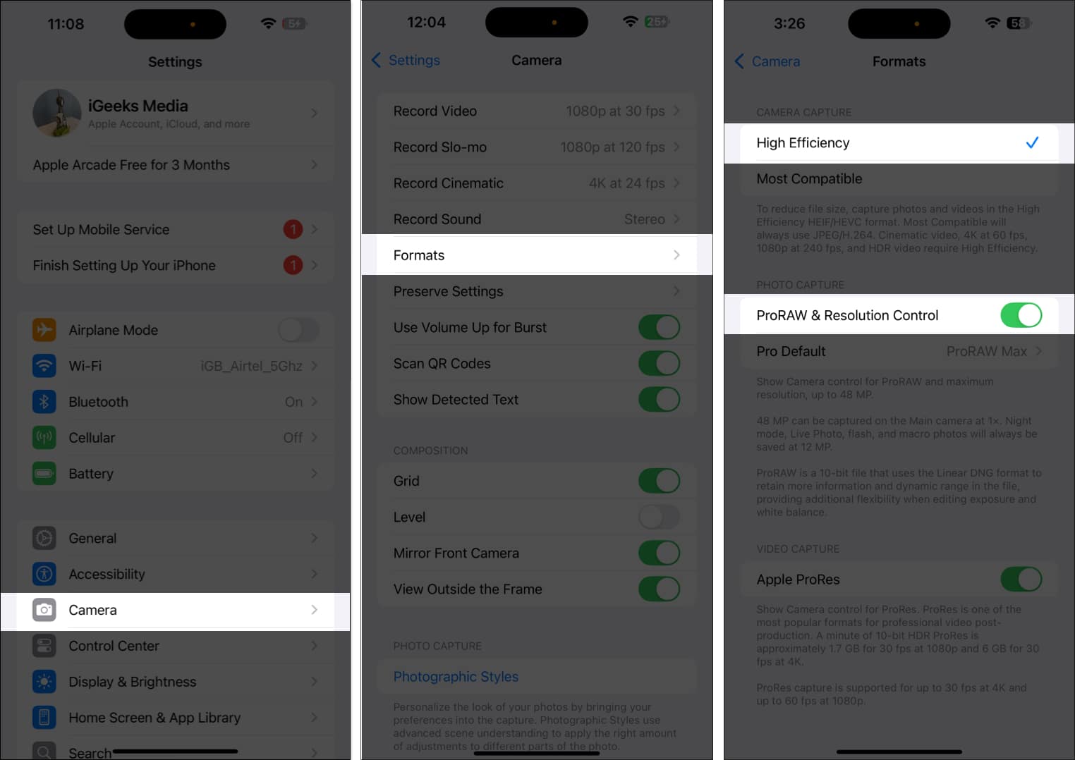 Toggling on ProRAW Resolution Control in Camera settings