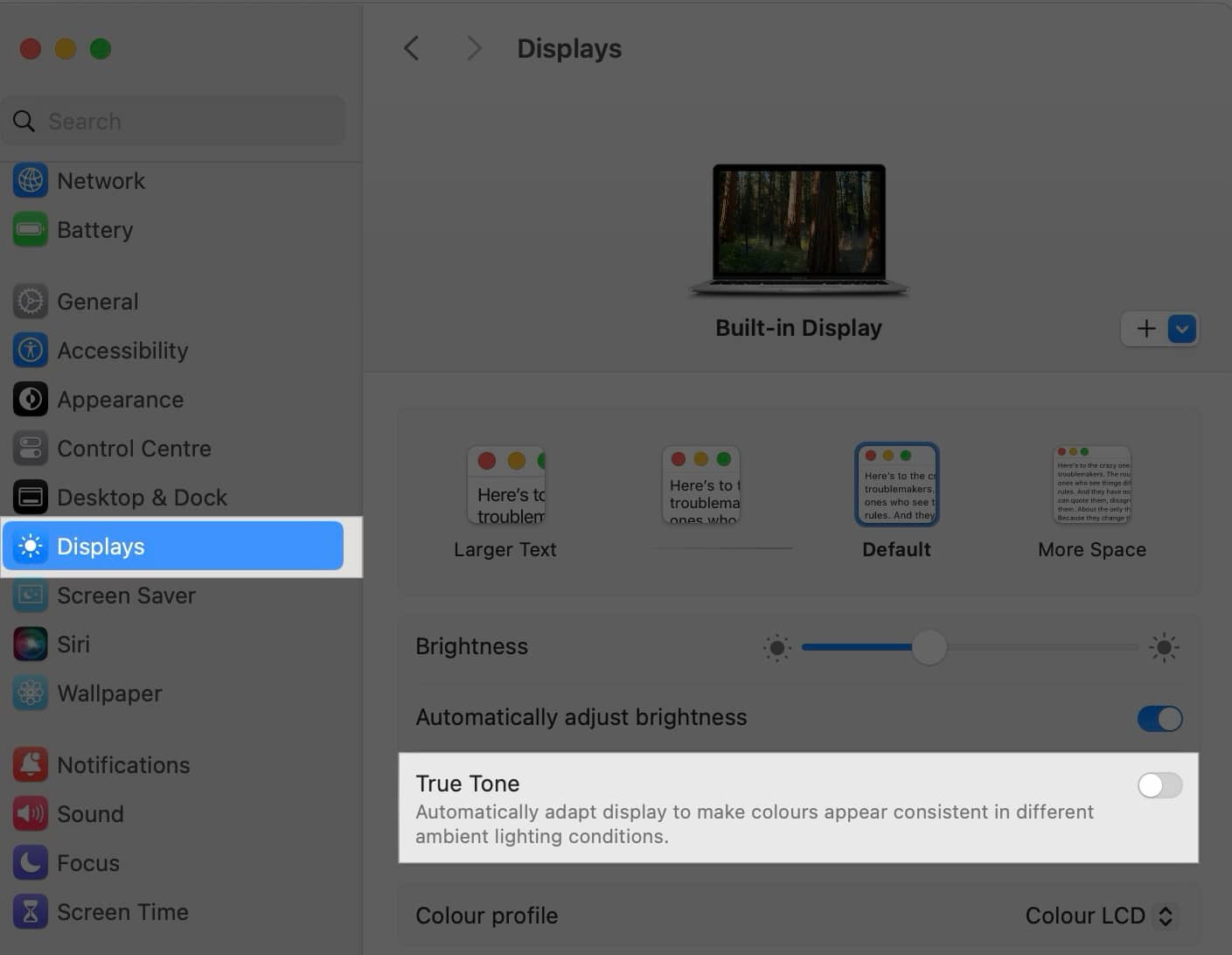 Disabling the True Tone display setting in Mac System Settings