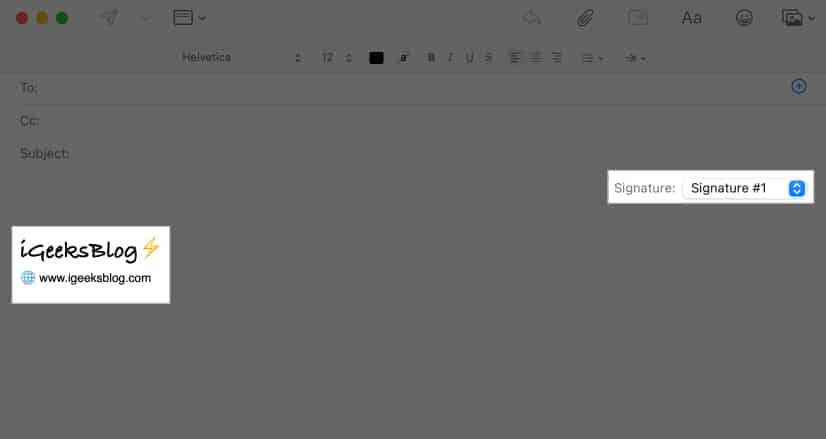 Adding a signature from the drop down menu in a new mail on a Mac