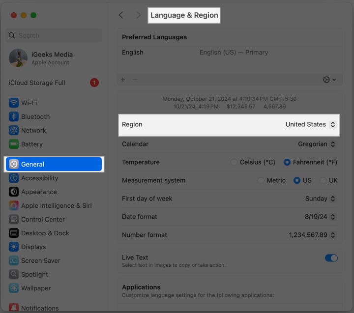 Changing the region settings of a Mac to the US to access all Apple News sources