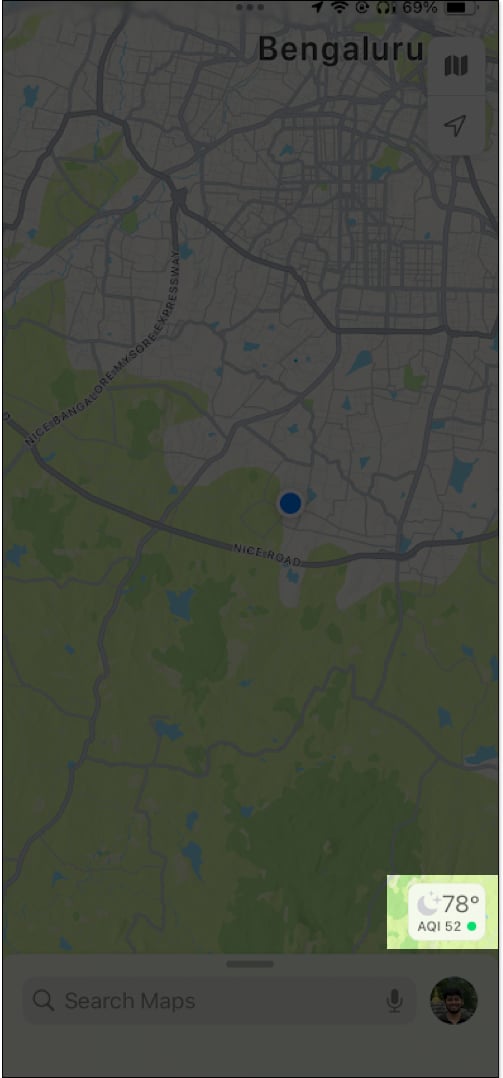 Checking AQI for an area in Apple Maps on an iPhone