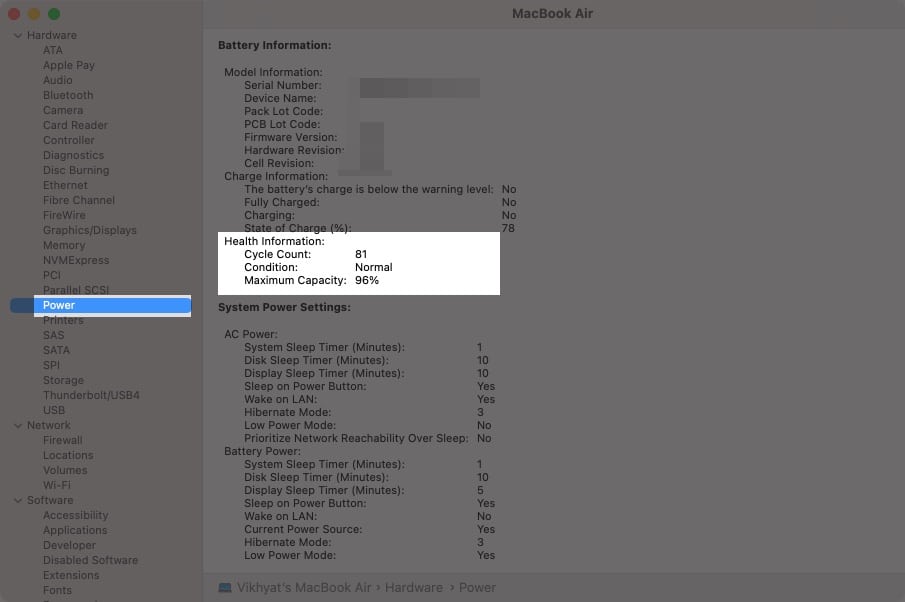 Check MacBook battery cycle count and capacity under Power option