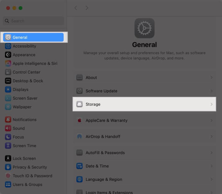 Storage option under General in macOS System settings