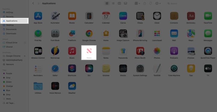 Unhiding and launching the Apple News app on a Mac in Finder