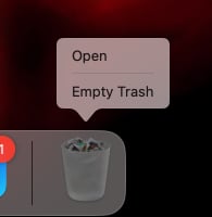 Empty Trash option in right click menu on the Trash app icon on a Mac