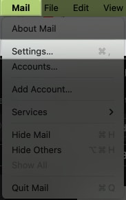 Accessing the Mail app settings from the menu bar on a Mac