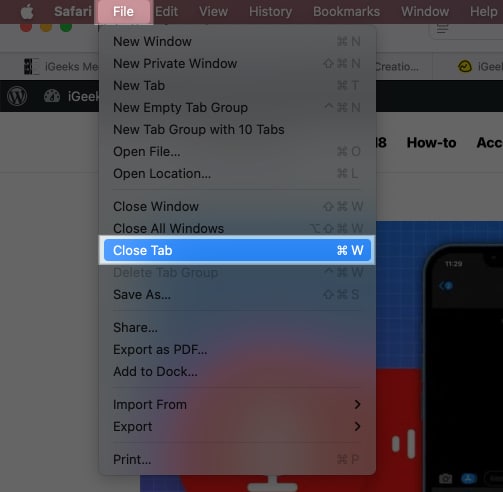 Close Tab option in the menu bar of Safari on a Mac