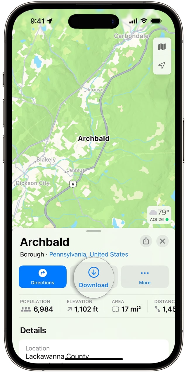 Download button in Apple Maps to download a map for offline use