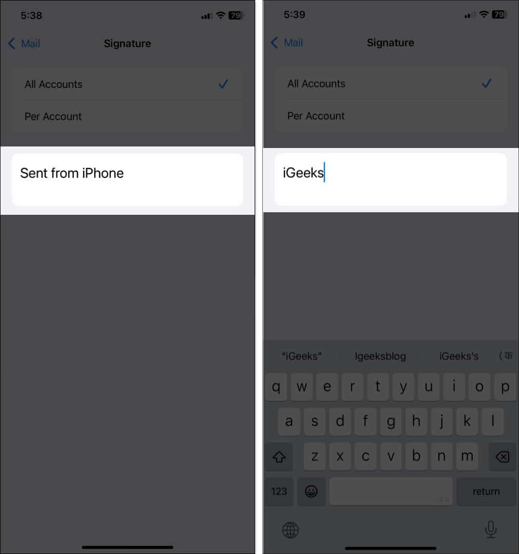 Replacing the default Mail signature with a custom one on an iPhone