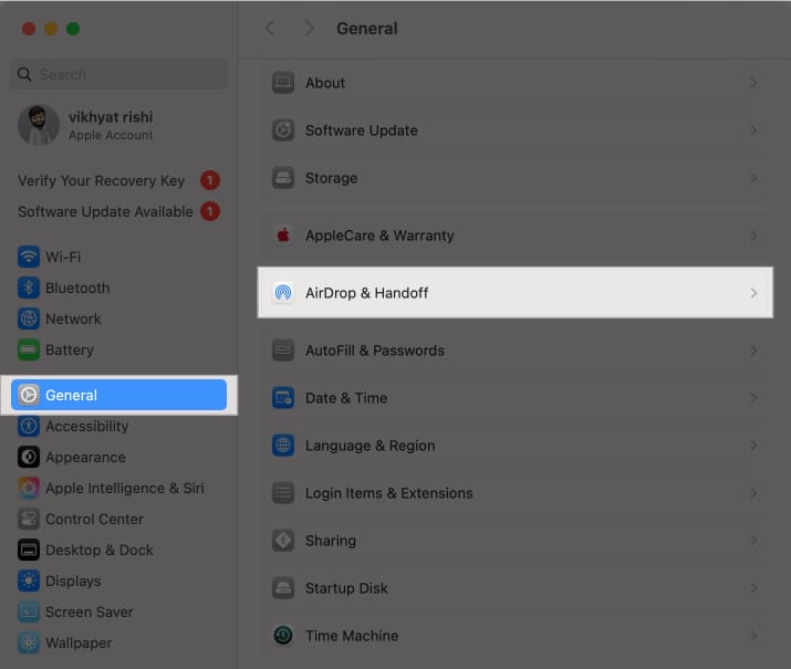 AirDrop Handoff option in macOS System Settings on a Mac