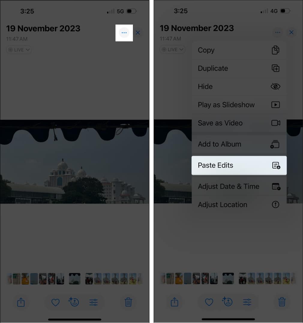 Pasting copied edits from an edited photo to selected photos in the Photos app on an iPhone