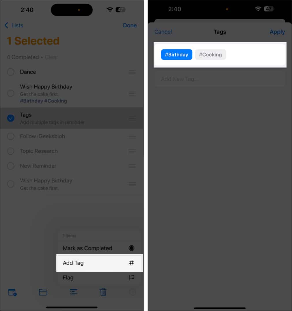 Adding a tag to multiple reminders in iPhone Reminders app