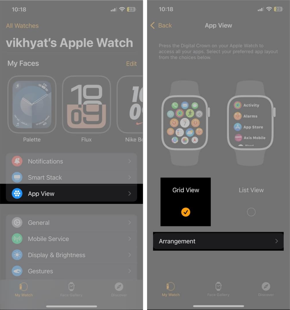 Accessing the arrangement option for the Grid View in the Watch app on an iPhone