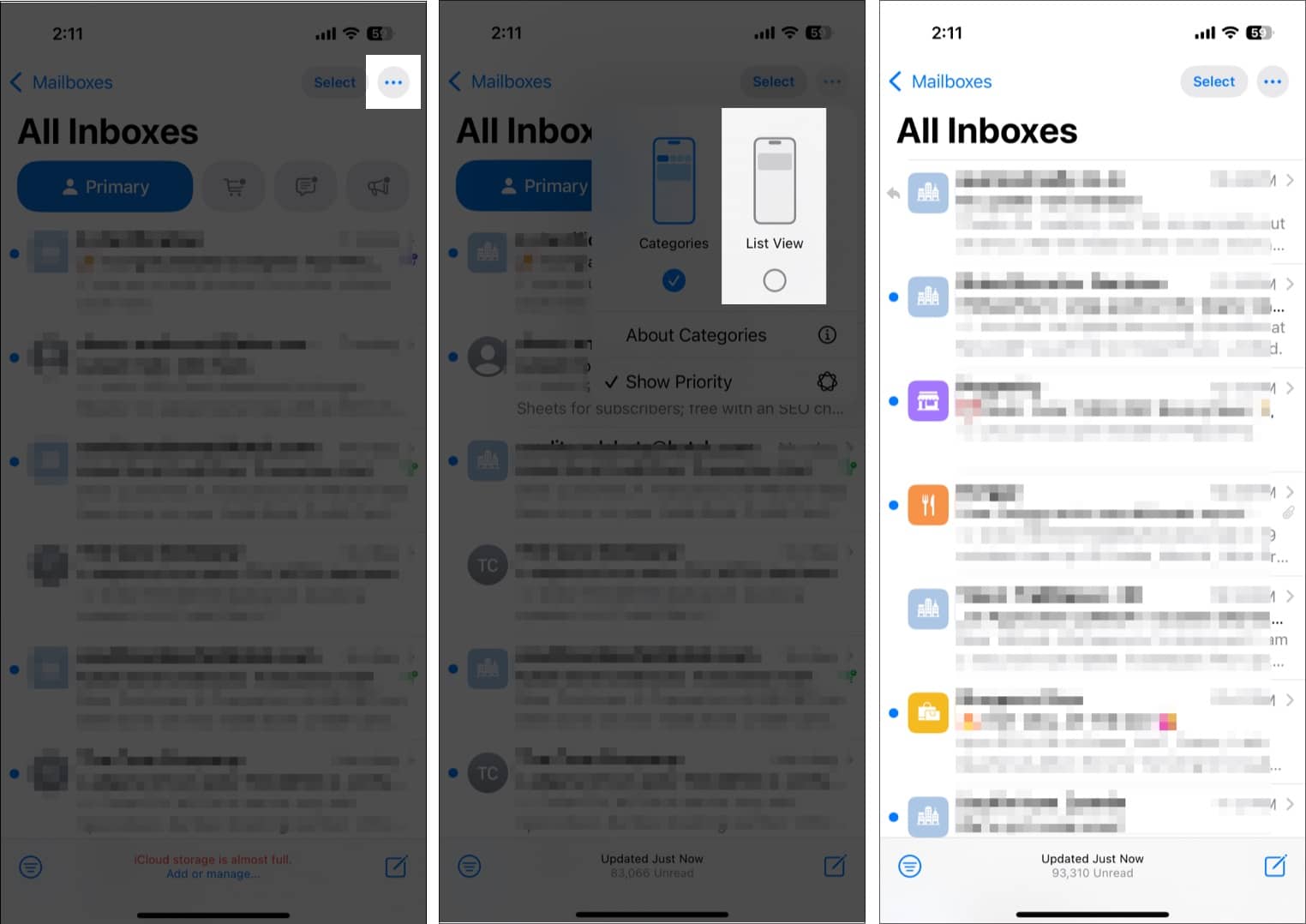 Select List View option to disable Mail categories in mail app