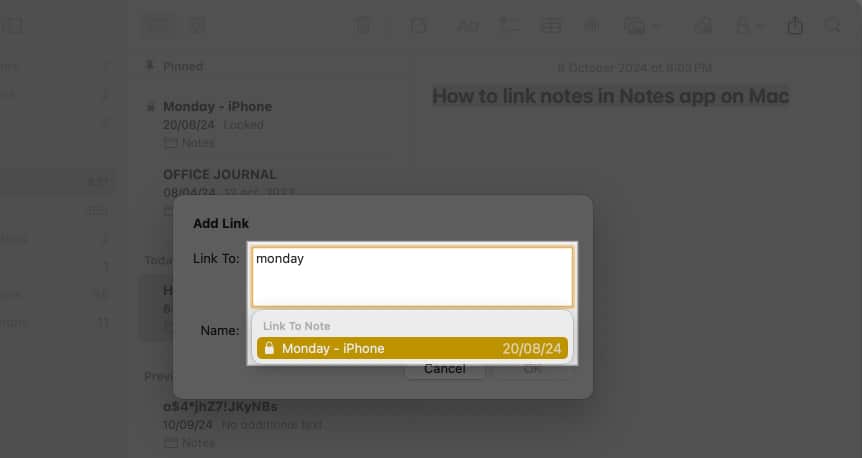 Select text and enter name of existing note