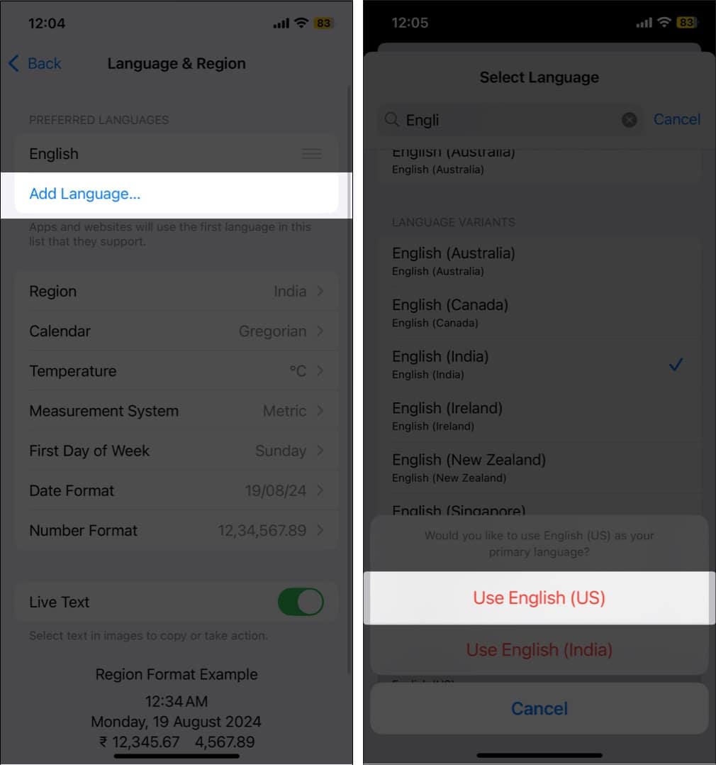 Changing iPhone language to English US