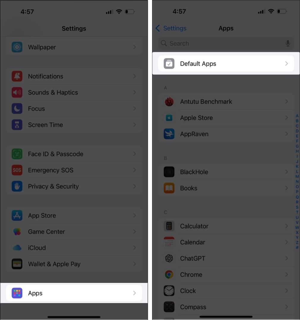 Accessing the new Default Apps section in the Settings app on an iPhone