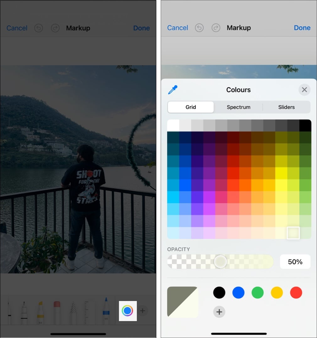 Picking color for the markup element in Photos app on an iPhone