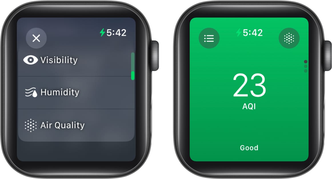 Accessing the AQI on the Weather app on an Apple Watch