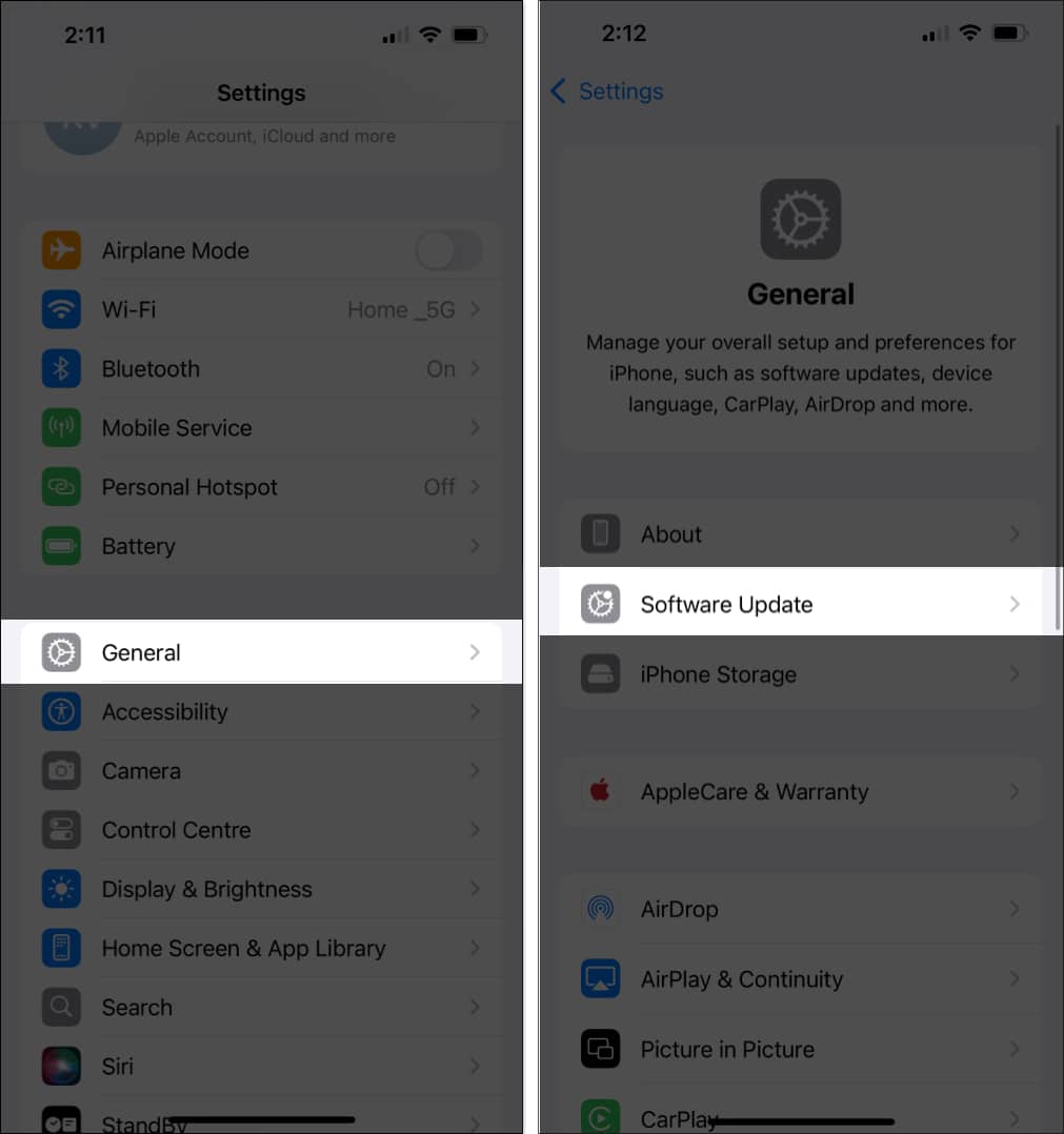 Tap on General and Software Update in iPhone settings