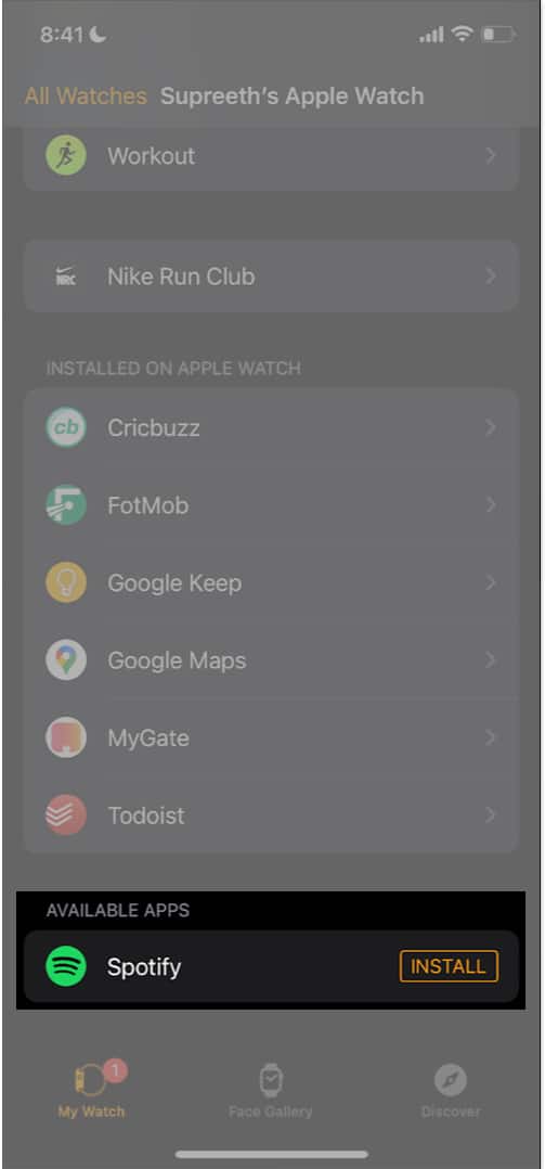 Installing an app on the Apple Watch using the Watch app on an iPhone