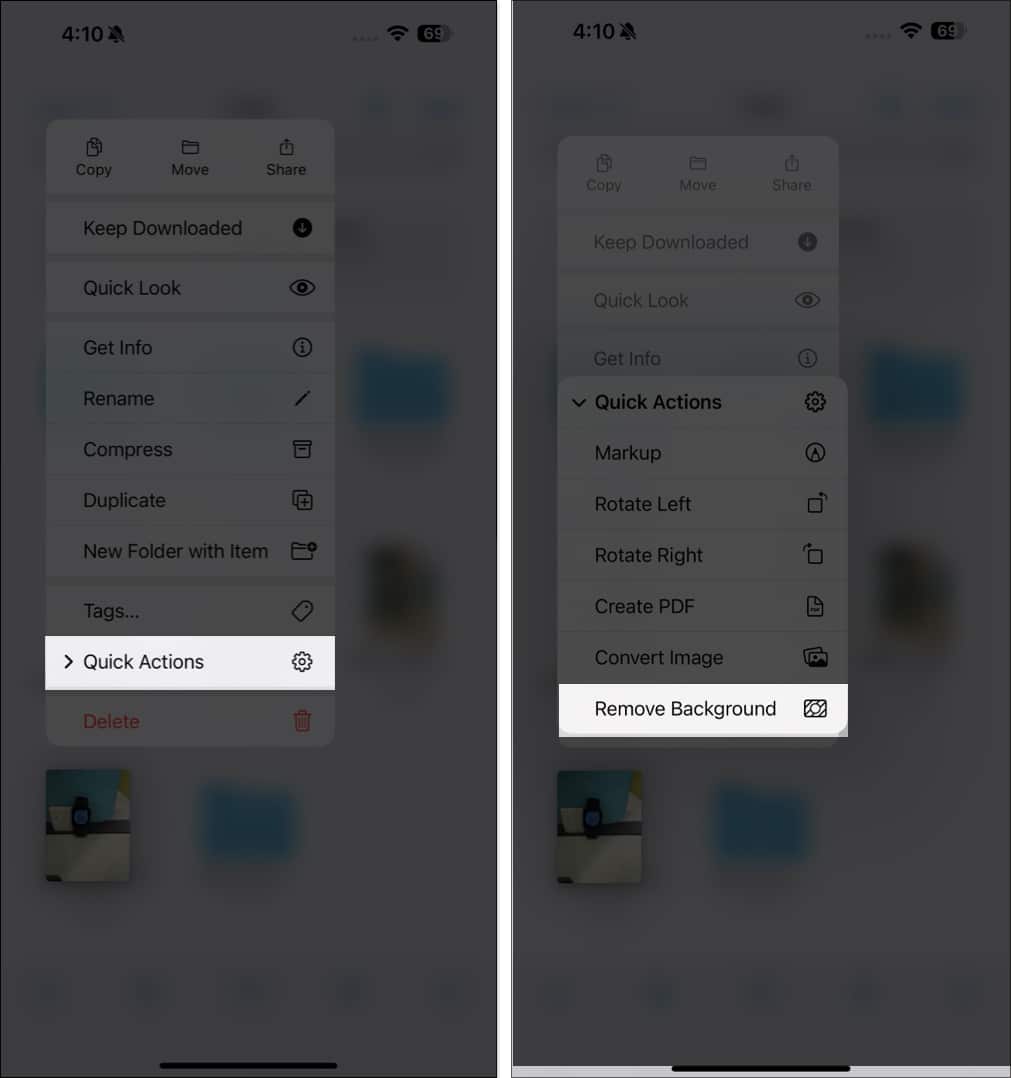 Using the Remove Background Quick Action to remove the backgrounds from selected images in the Files app on an iPhone
