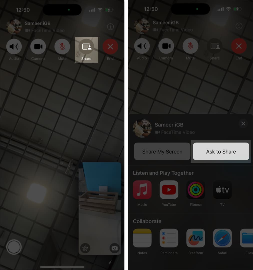 Ask to Share option in FaceTime on an iPhone to request remote control