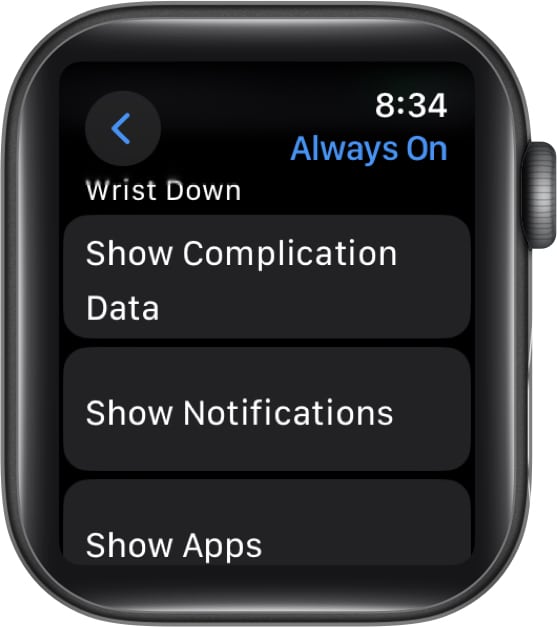 Always On settings on an Apple Watch