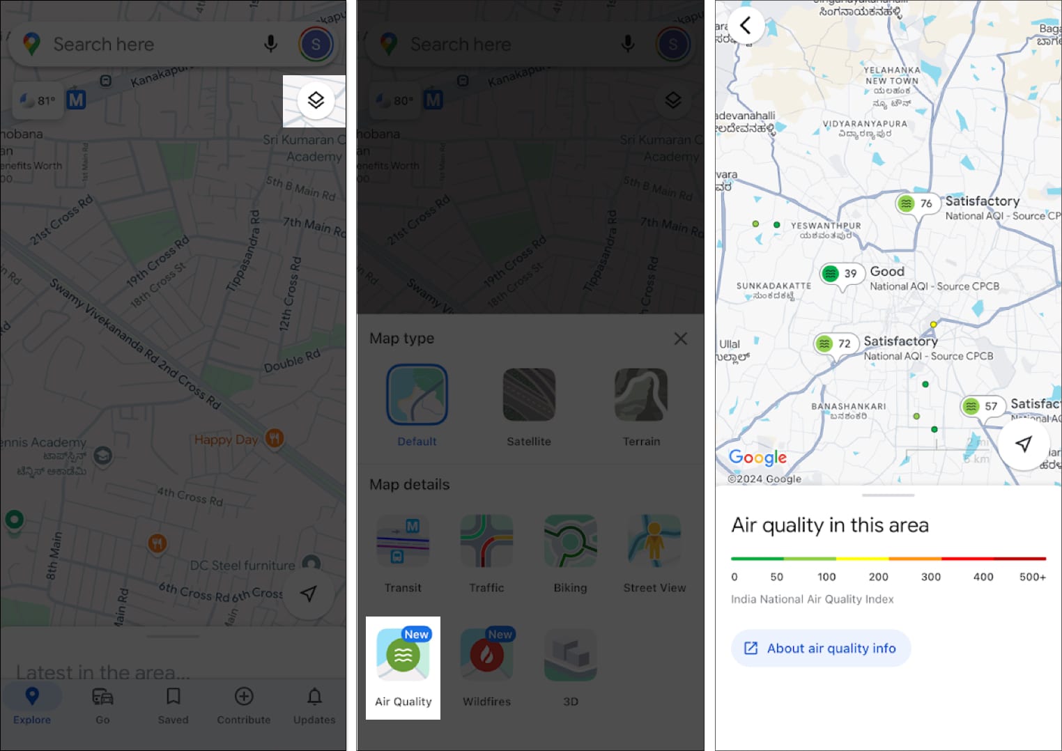 Checking Air Quality Index for a location in Google Maps on an iPhone