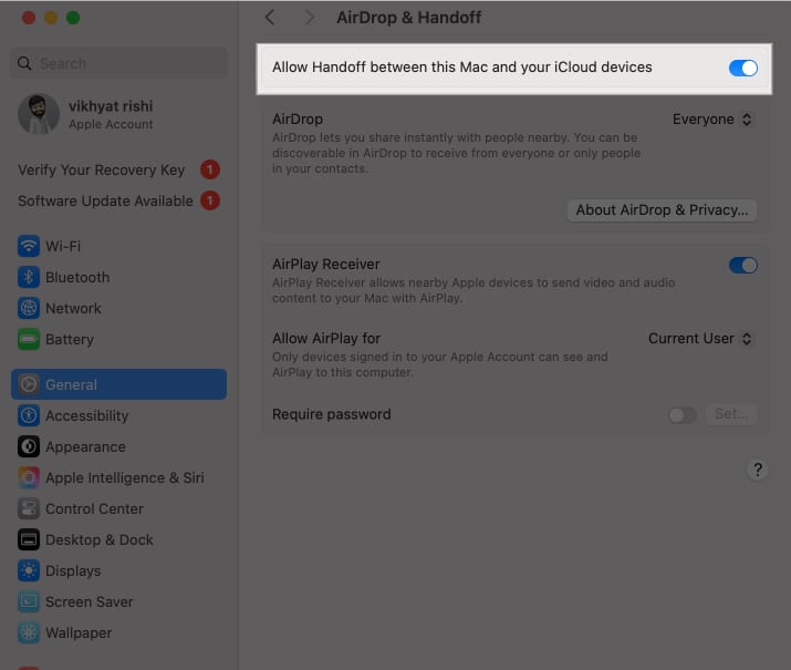 Enabling Handoff between Mac and iCloud devices