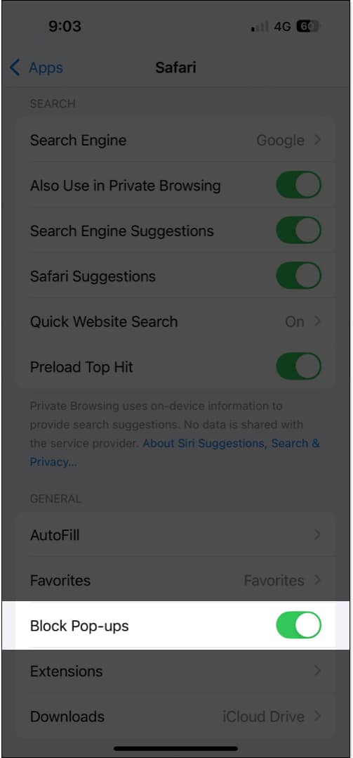 Toggling on Block Pop ups option in iPhone Settings to disable website pop ups in Safari