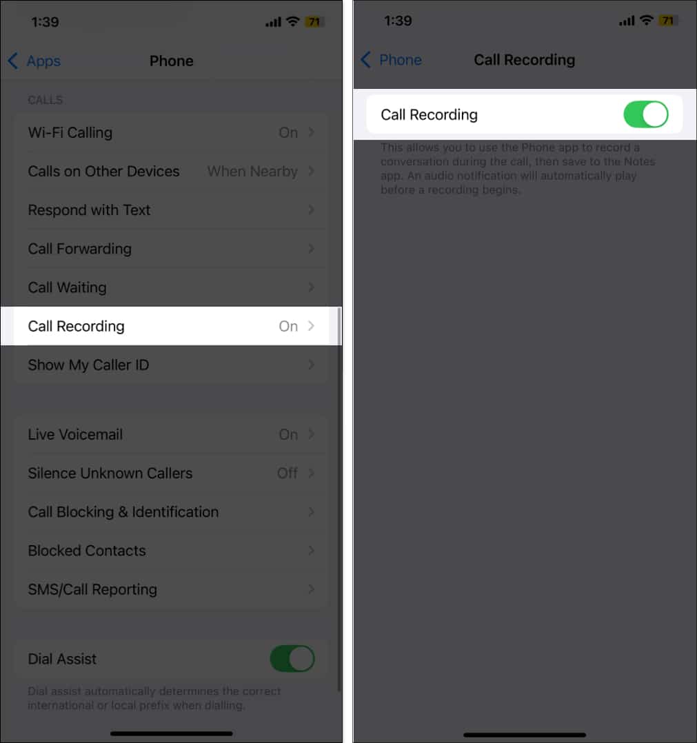 Toggling on the Call Recording feature on iPhone in iOS 181