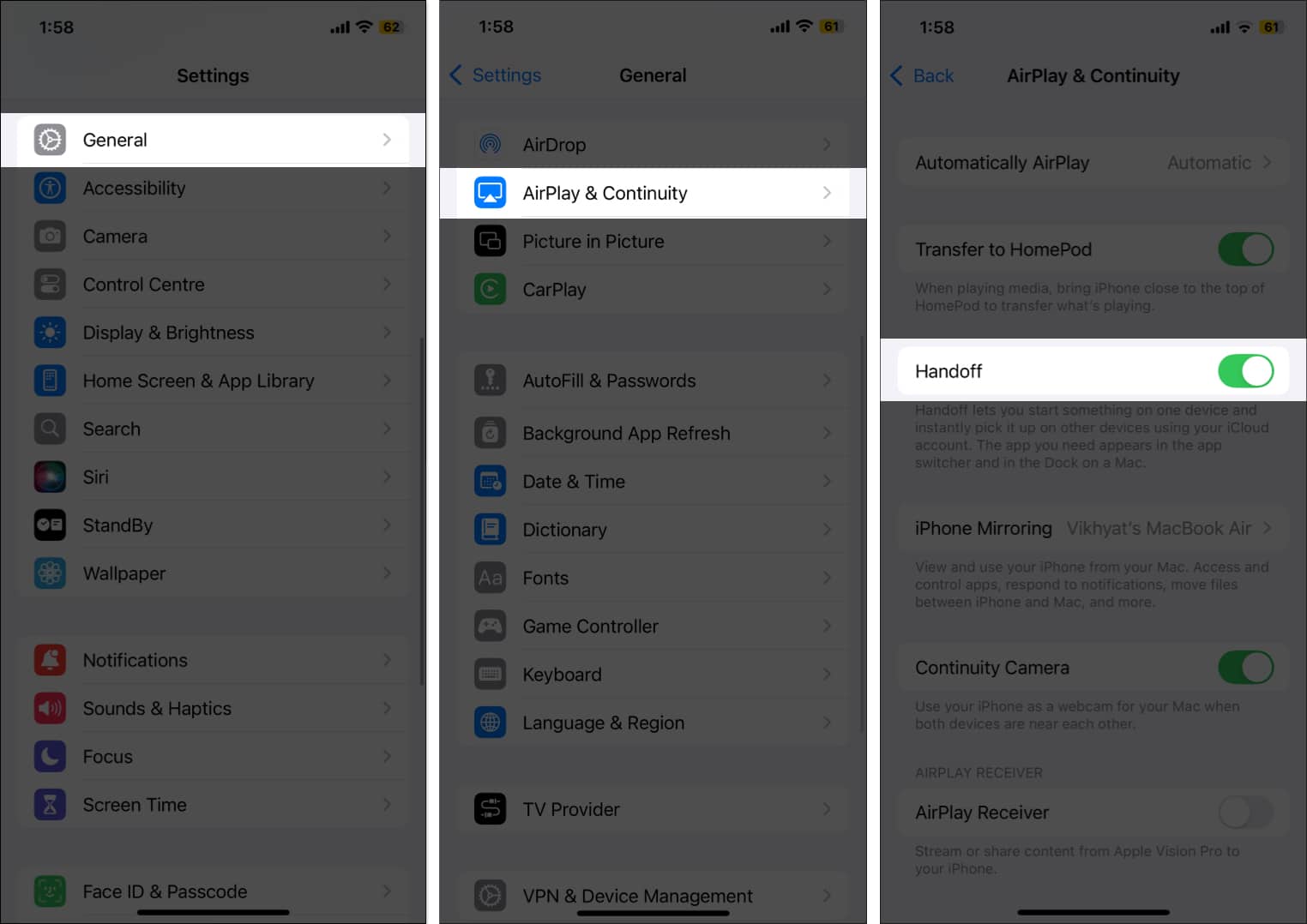 Enabling the Handoff feature in iPhone Settings