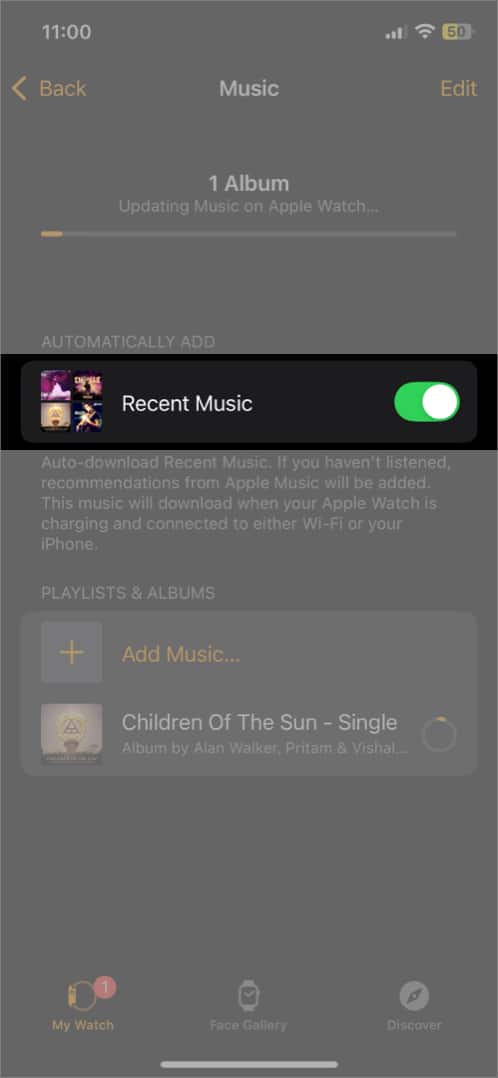 Recent Music option toggled on to sync iPhone playlist to Apple Watch automatically