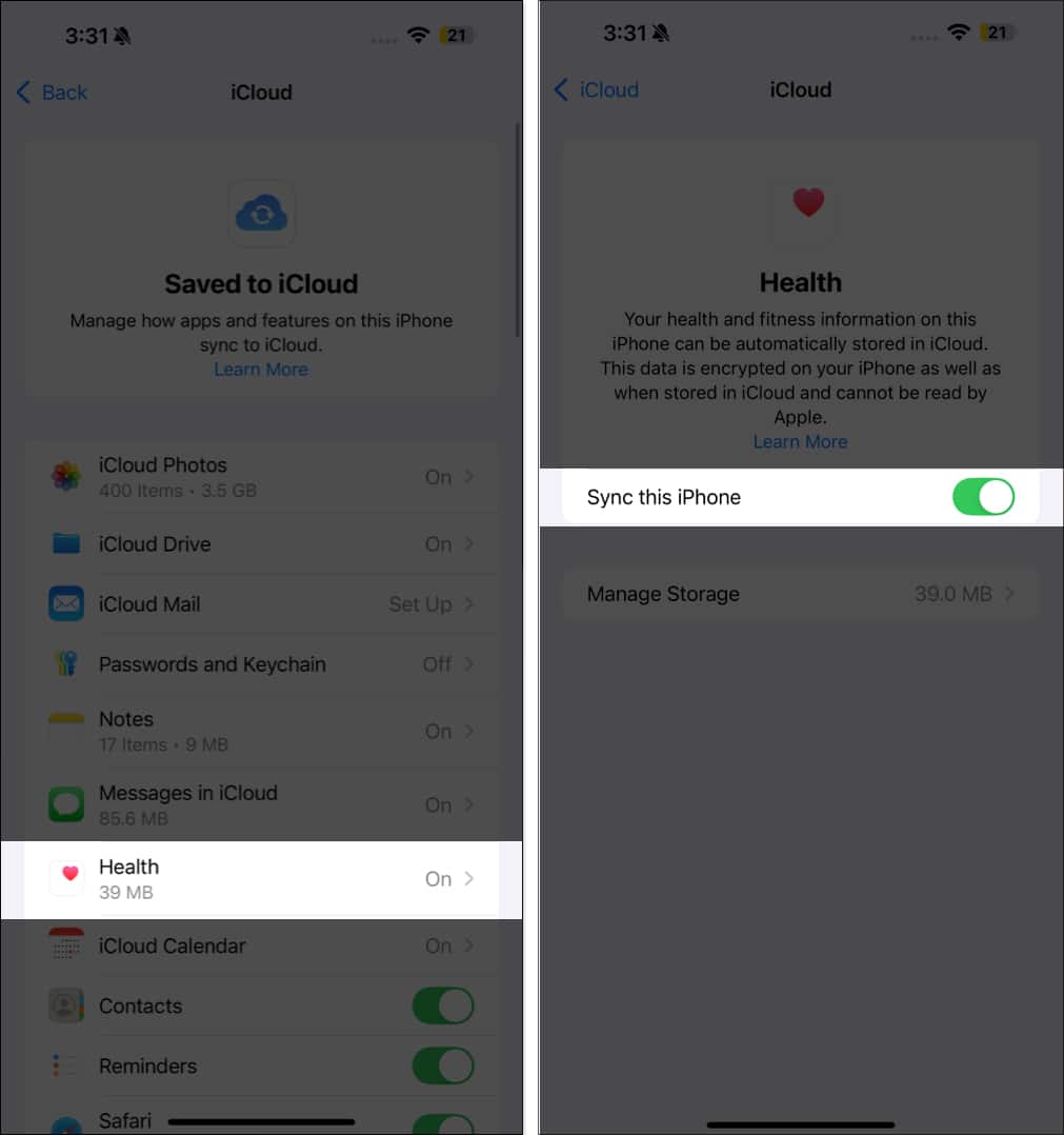 Enabling iCloud sync for the Health app on an iPhone