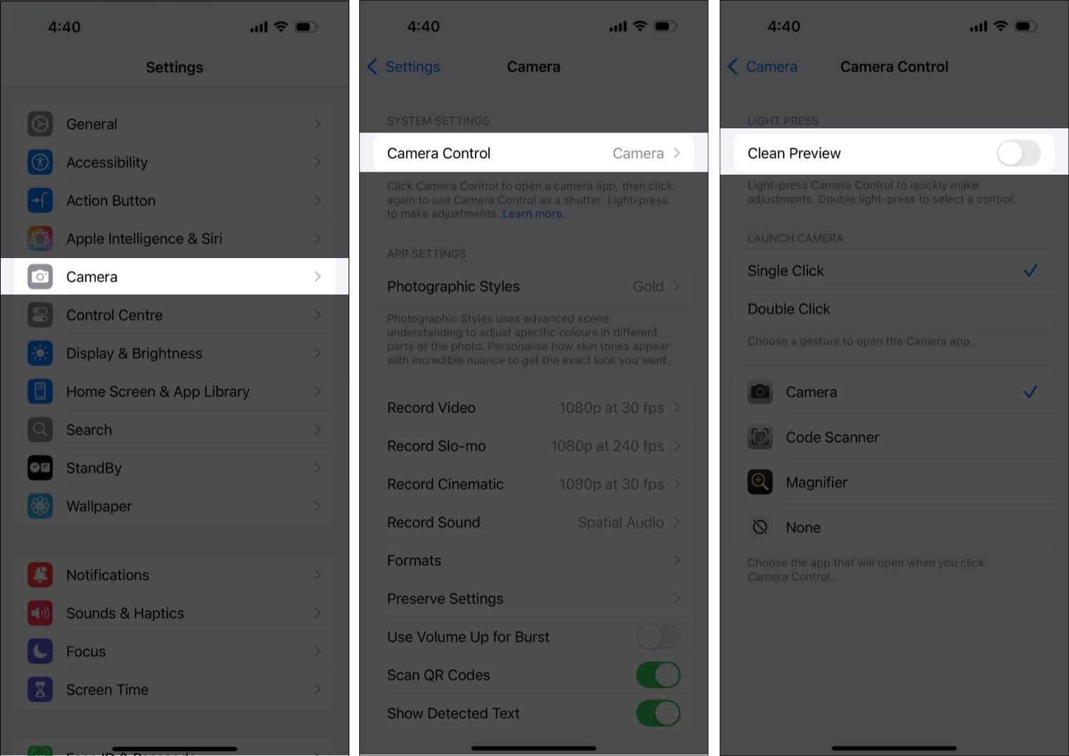 Turn off Camera Control Clean Preview on iPhone 16