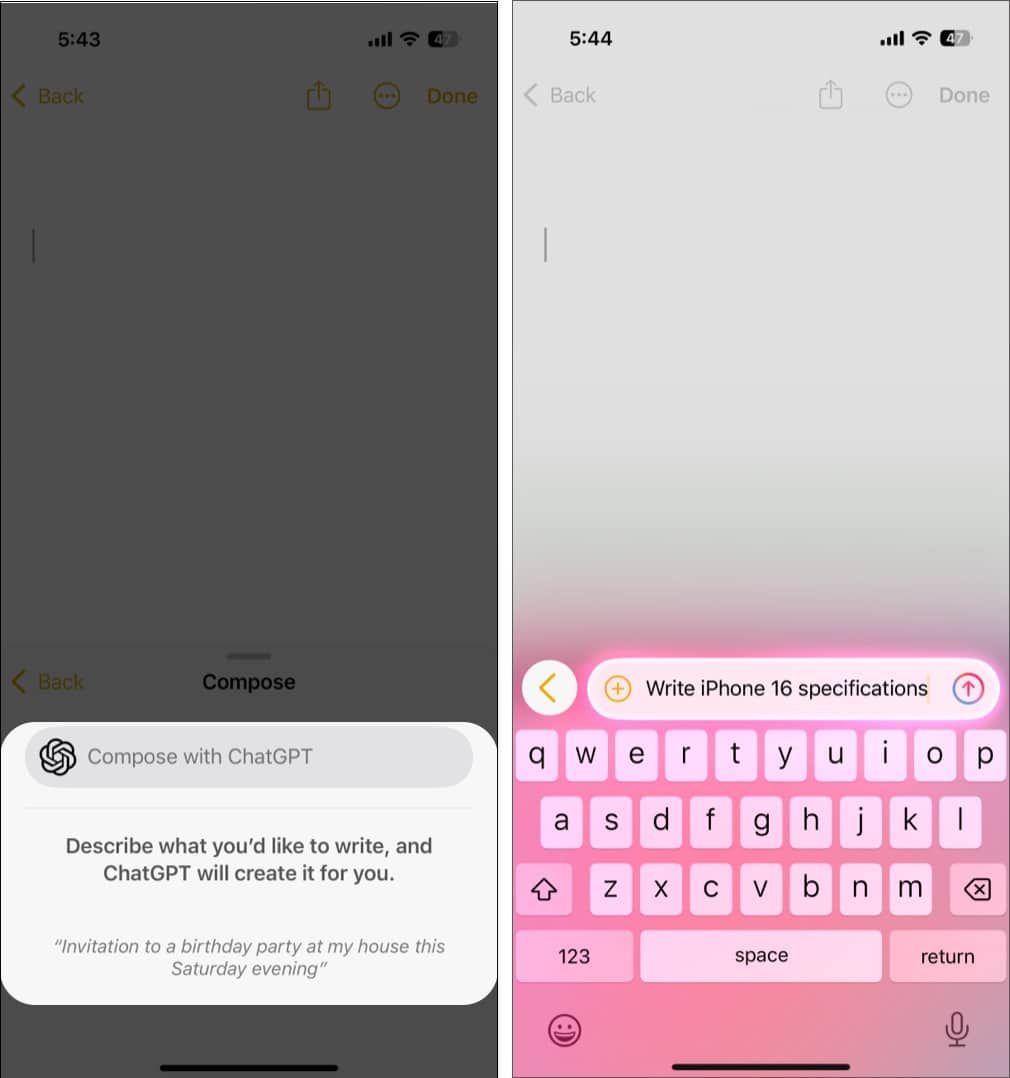Using the ChatGPT Compose prompt in the Notes app on an iPhone