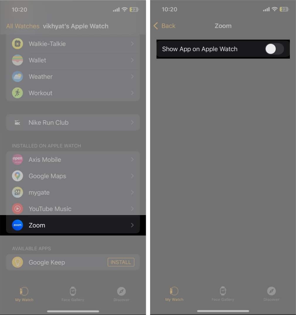 Disabling the Show App on Apple Watch option in the Watch app