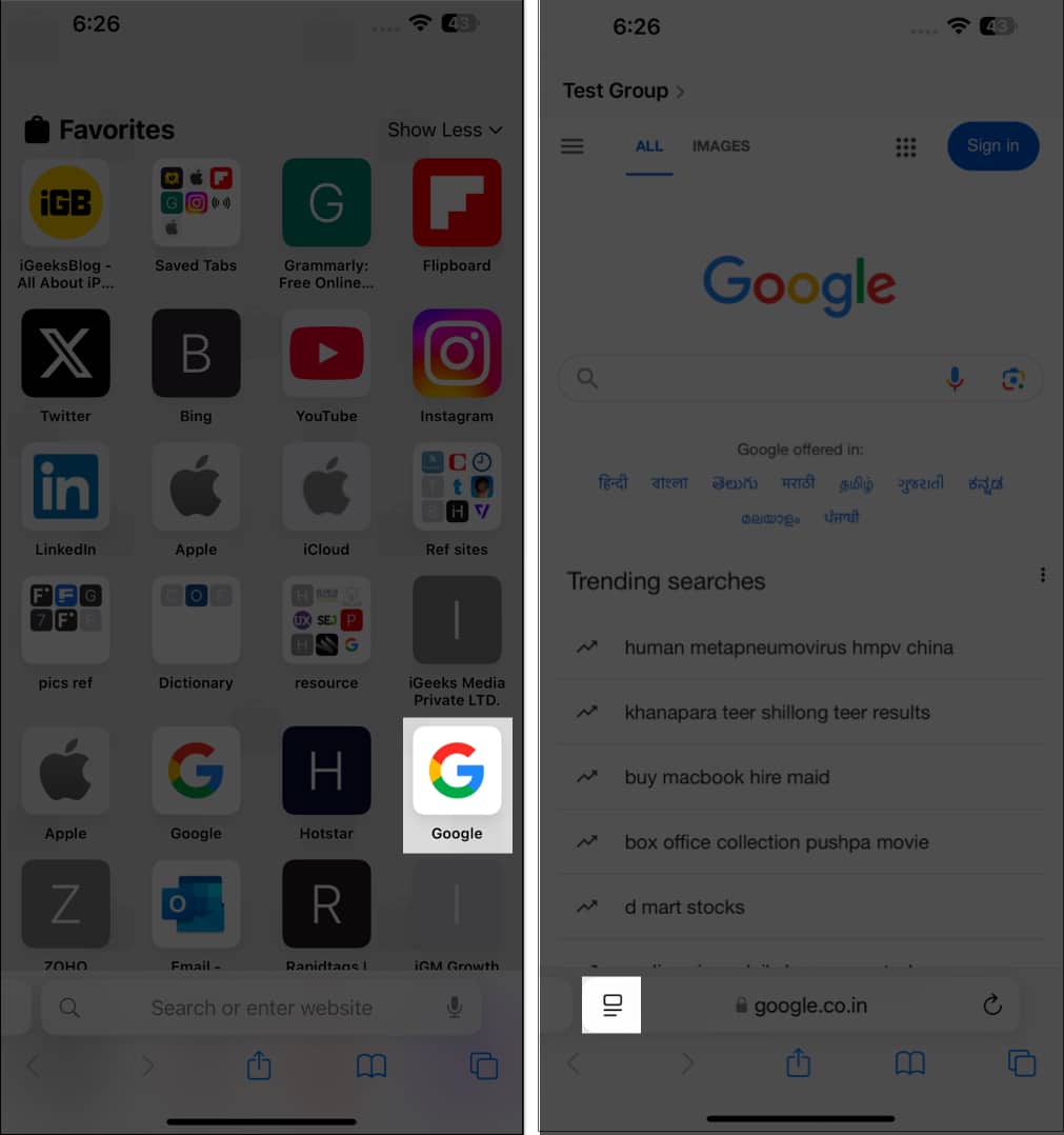 Open Google in Safari and tap on reader mode icon