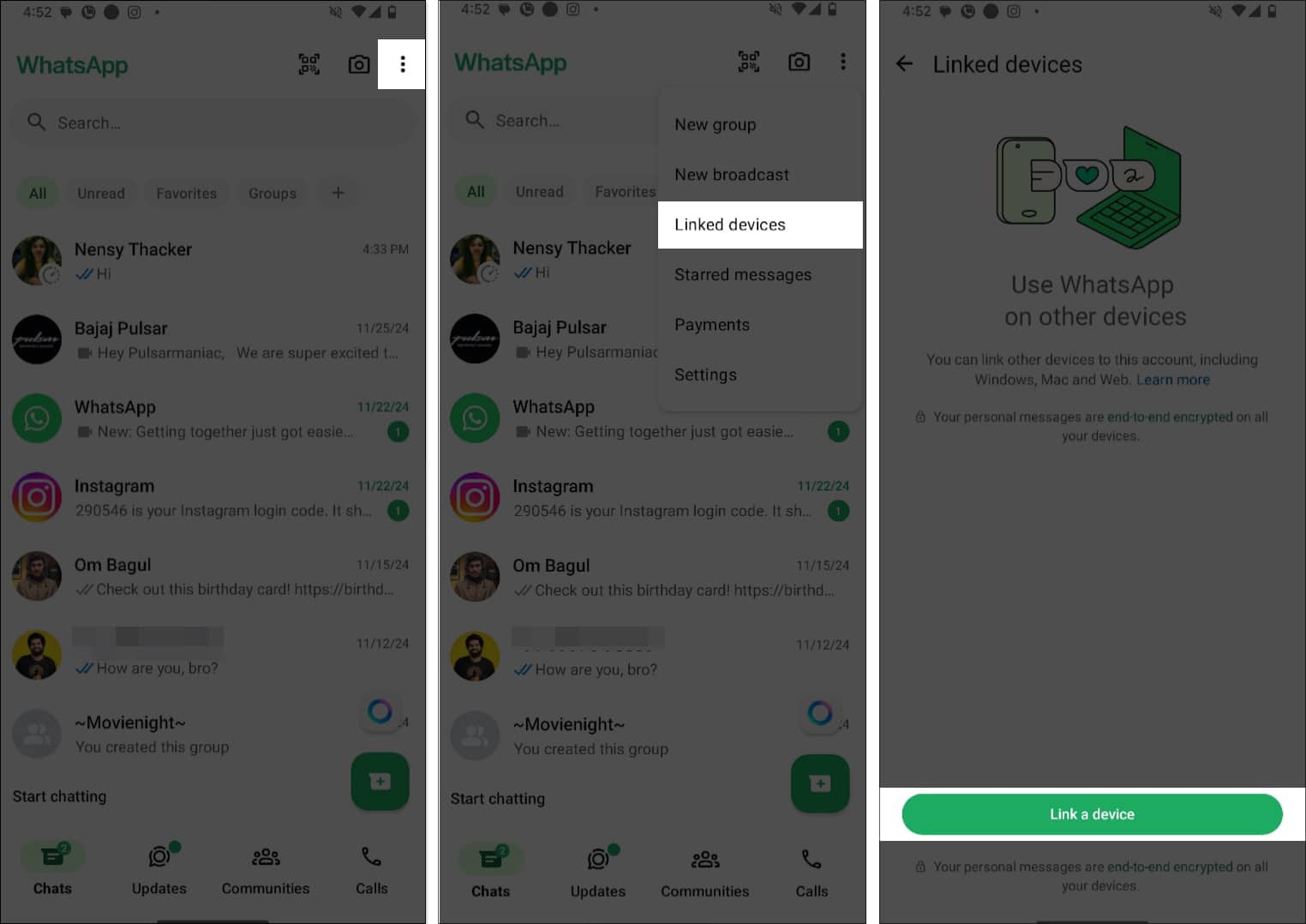 Accessing the Link a Device button in WhatsApp on Android