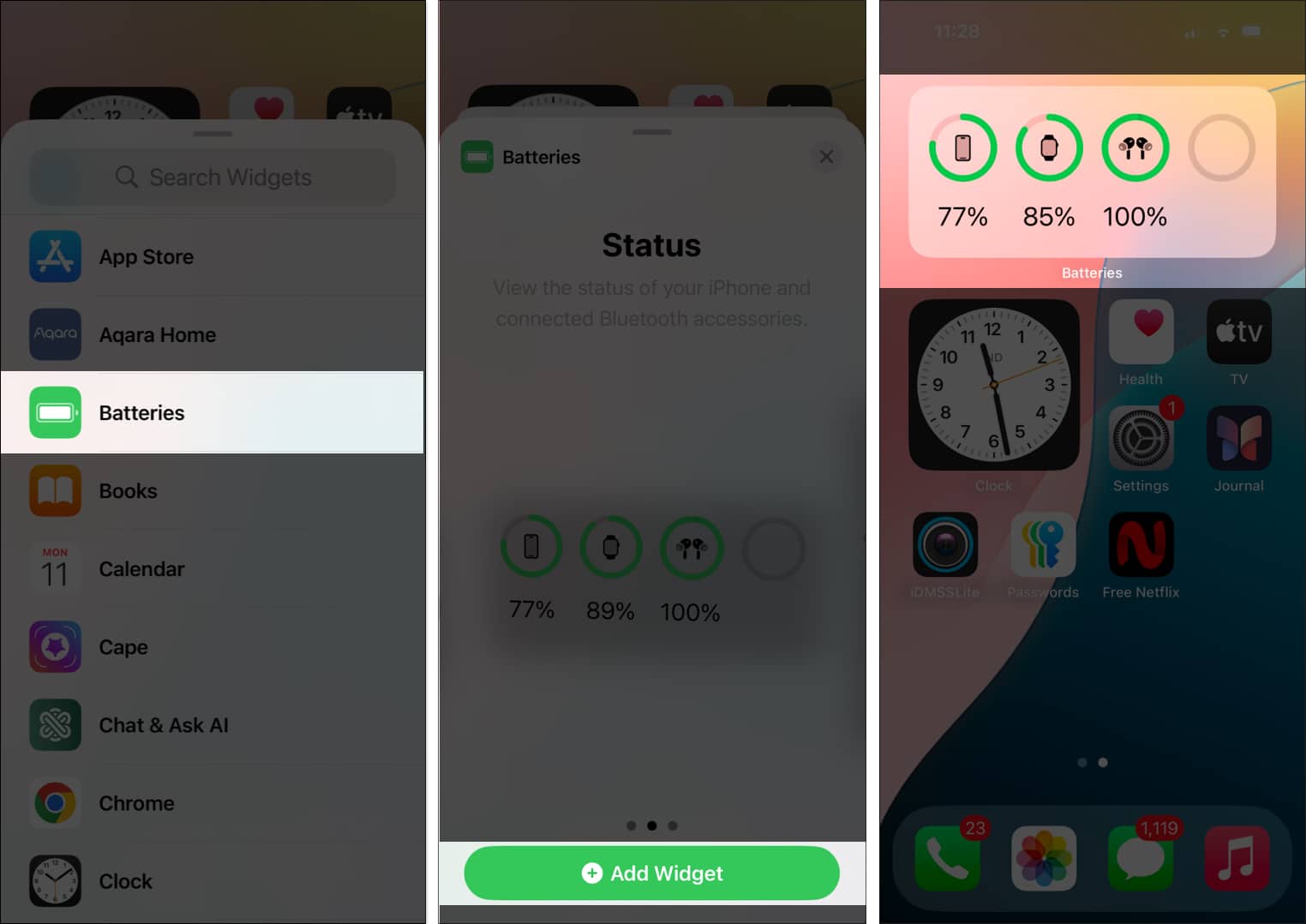 Adding the Batteries widget to iPhone Home Screen for checking AirPods battery levels