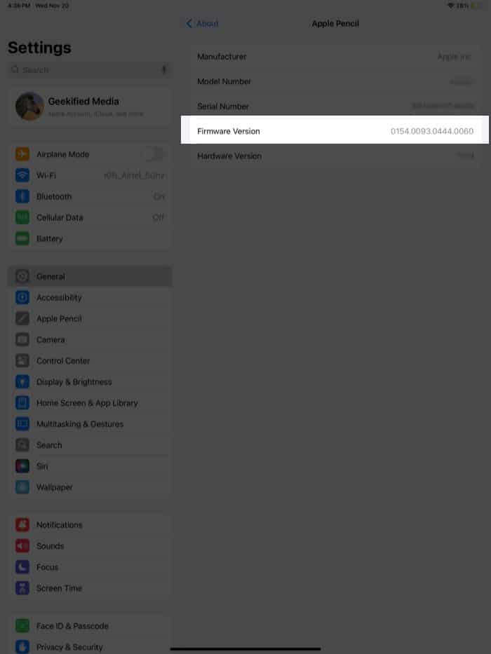 Apple Pencil firmware version displayed in the Settings app